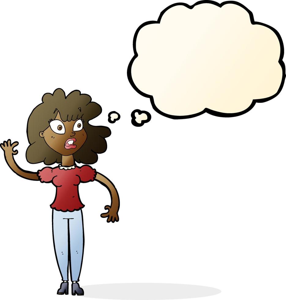 cartoon worried woman waving with thought bubble vector