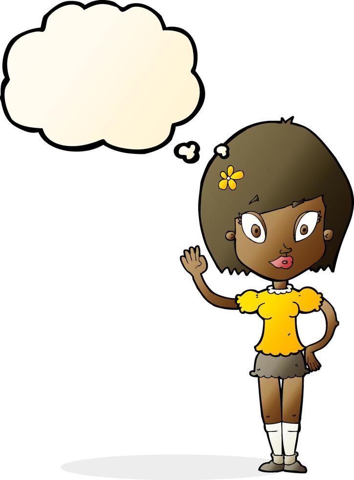 cartoon pretty girl waving with thought bubble vector
