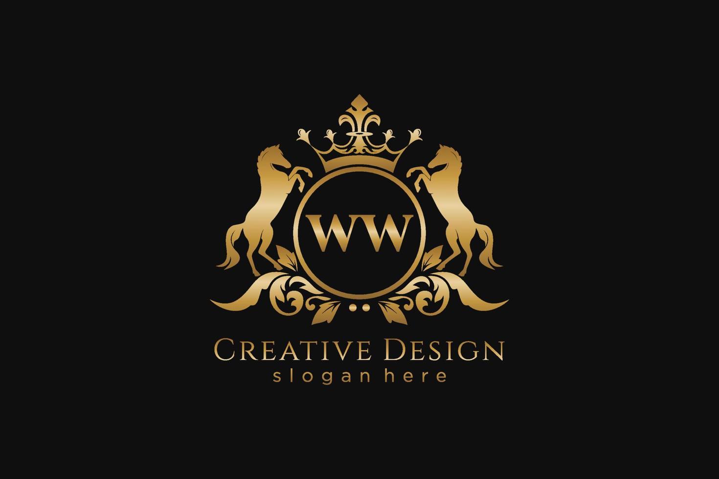 initial WW Retro golden crest with circle and two horses, badge template with scrolls and royal crown - perfect for luxurious branding projects vector