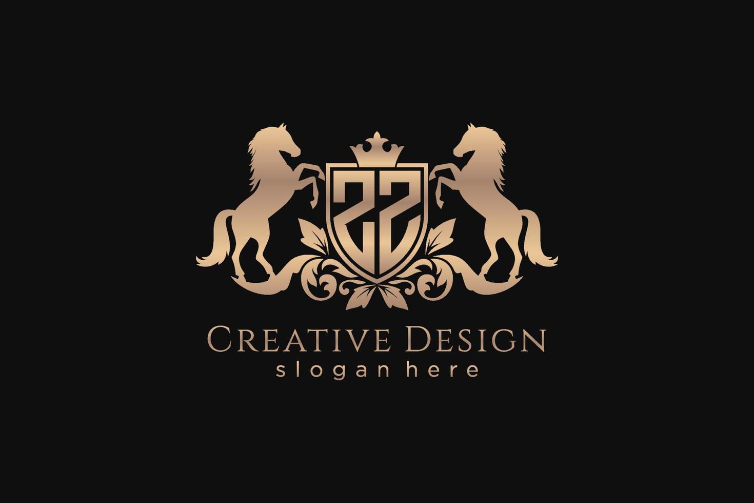 initial ZZ Retro golden crest with shield and two horses, badge template with scrolls and royal crown - perfect for luxurious branding projects vector