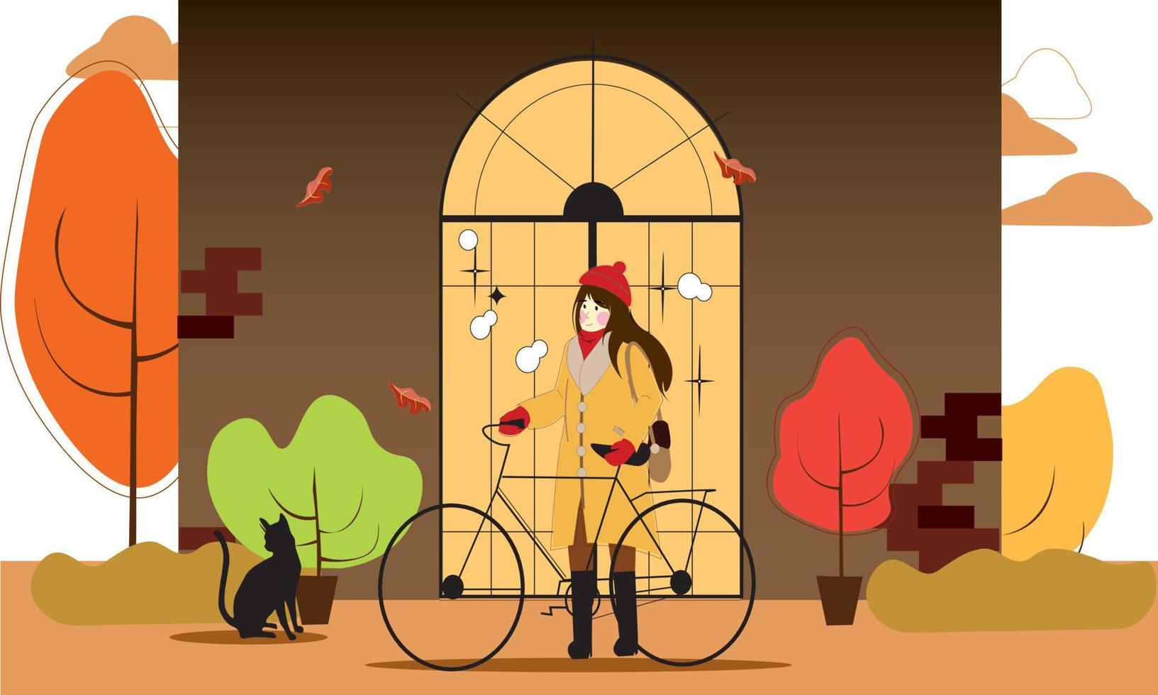 chica sosteniendo una bicicleta en ropa de moda vector plano patrón sin costuras. chica en ropa de otoño telón de fondo decorativo. Chicas elegantes con diseño de papel tapiz de prendas de vestir exteriores de otoño e invierno.