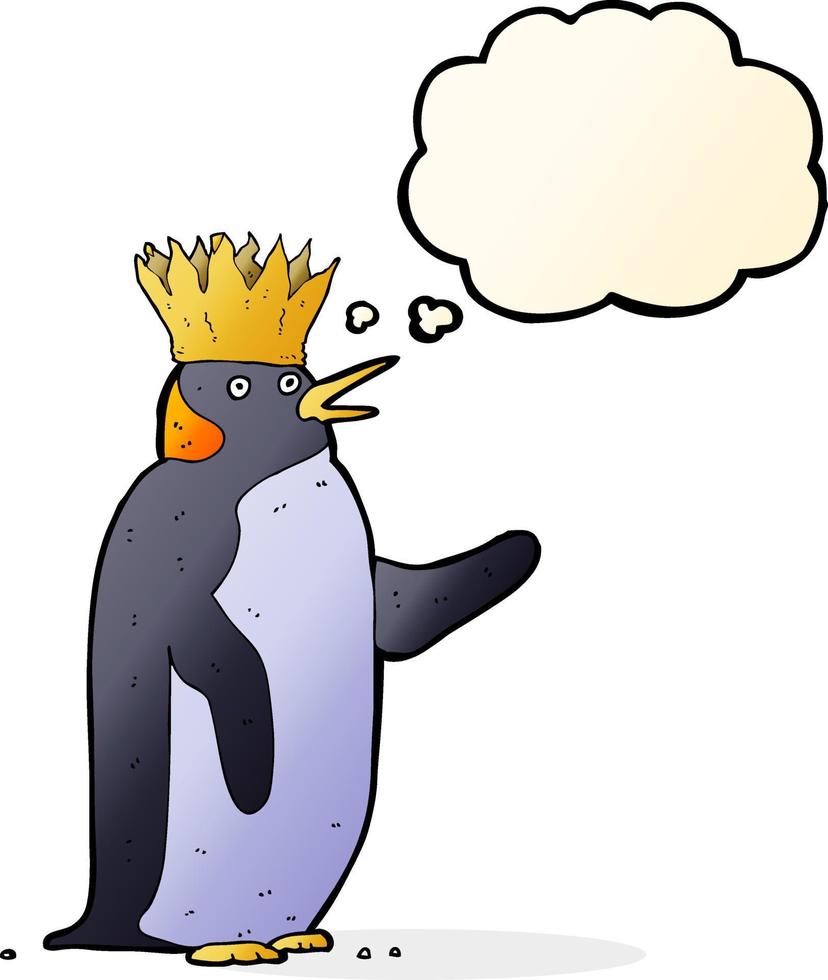 cartoon emperor penguin waving with thought bubble vector