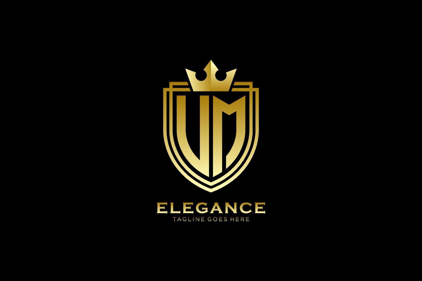 initial UM elegant luxury monogram logo or badge template with scrolls and royal crown - perfect for luxurious branding projects vector