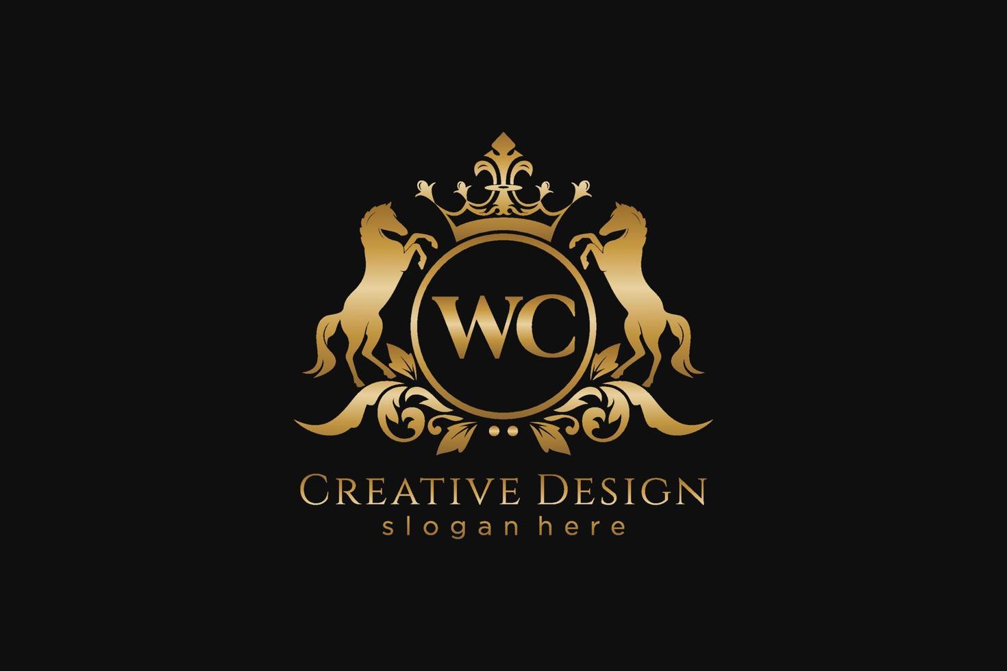 initial WC Retro golden crest with circle and two horses, badge template with scrolls and royal crown - perfect for luxurious branding projects vector