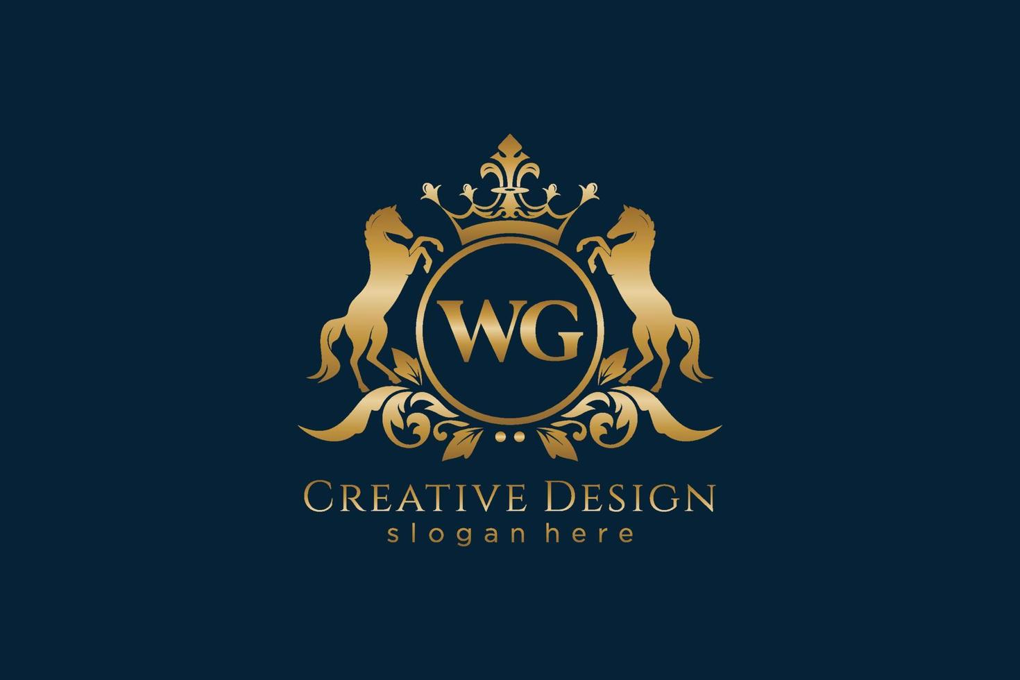 initial WG Retro golden crest with circle and two horses, badge template with scrolls and royal crown - perfect for luxurious branding projects vector