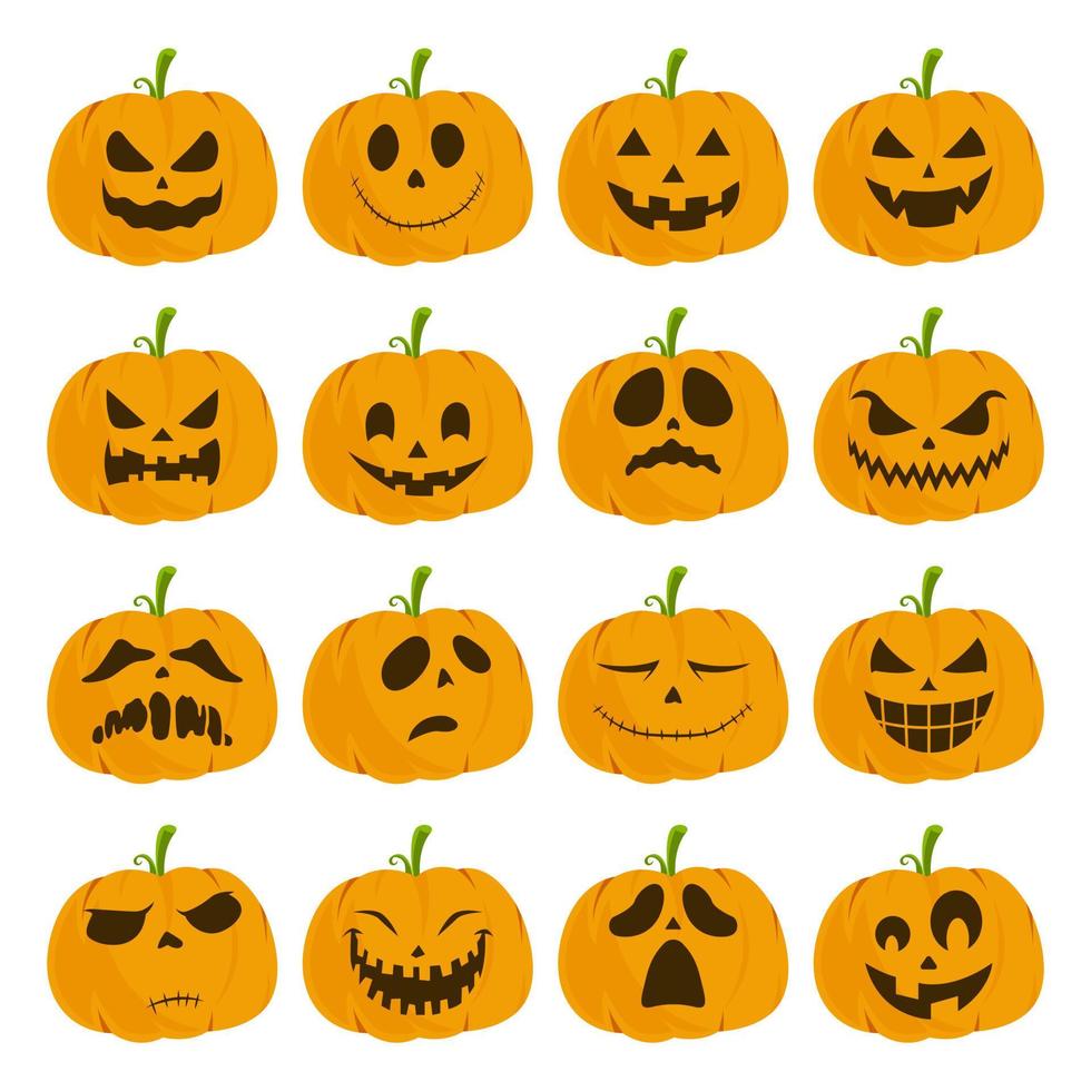 Collection of halloween pumpkin faces isolated on a white background. Halloween pumpkin expression set vector