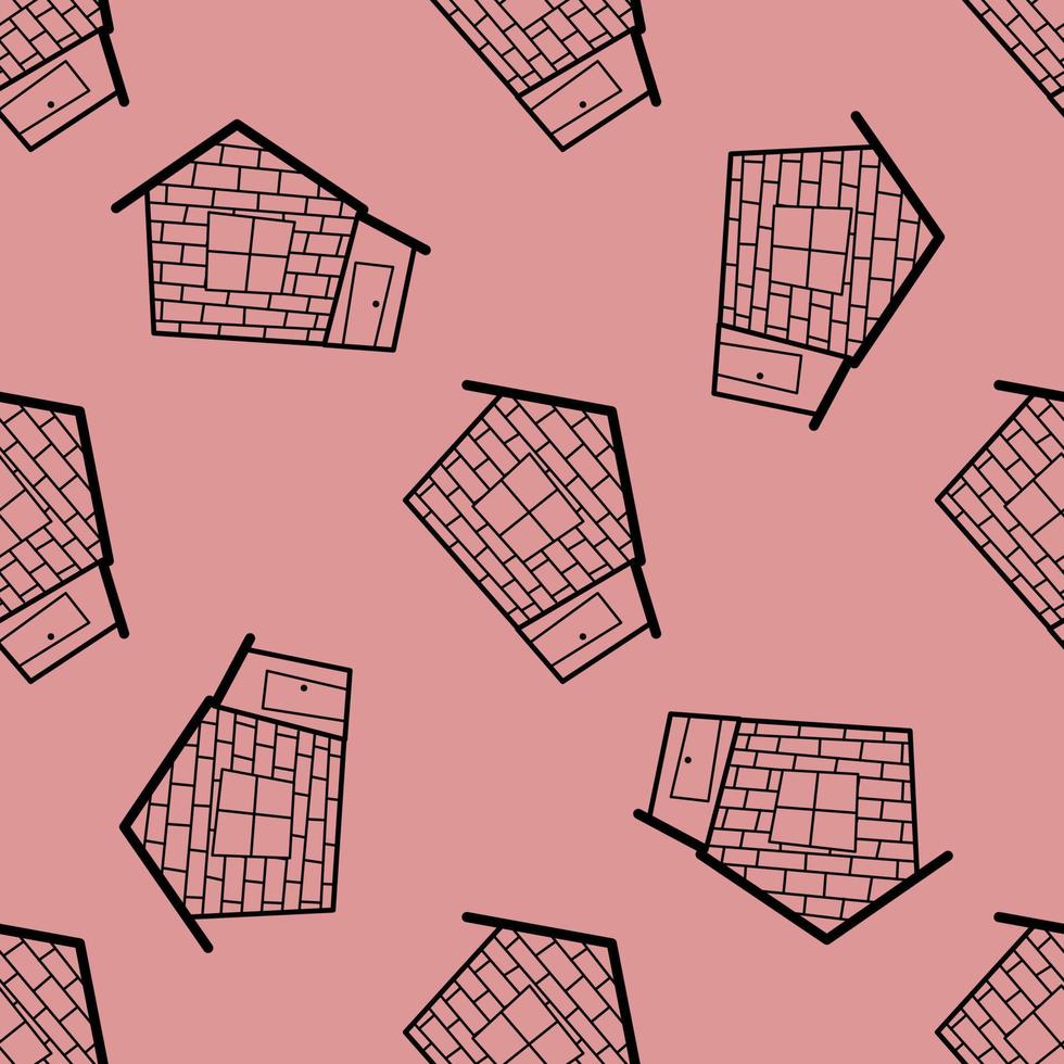 Seamless vector pattern of contour houses in doodle style on pink background.