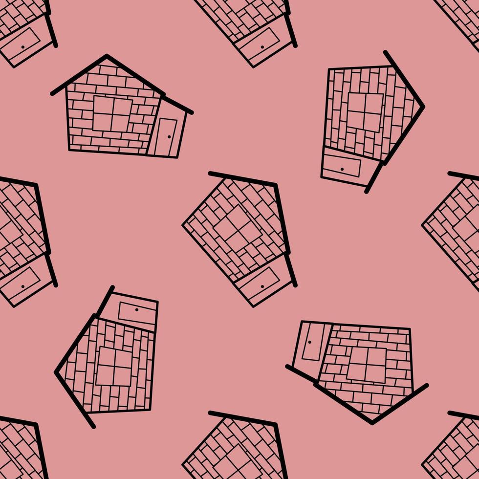 Seamless vector pattern of contour houses in doodle style on pink background.