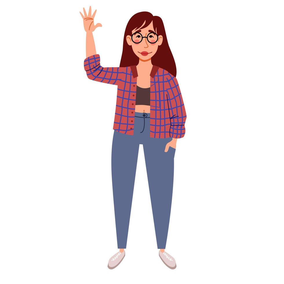 A fashionable girl in glasses and casual clothes greets. Friendly greeting of a young woman. vector