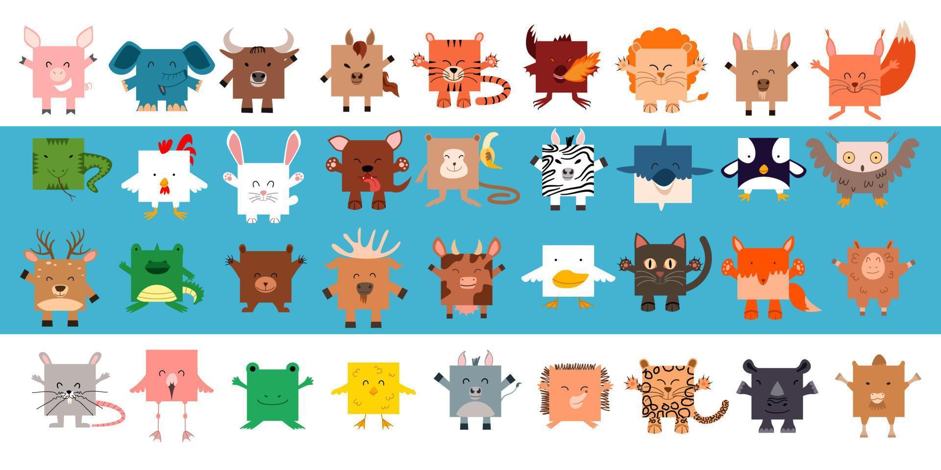 A large set of square-shaped animals. Vector illustration