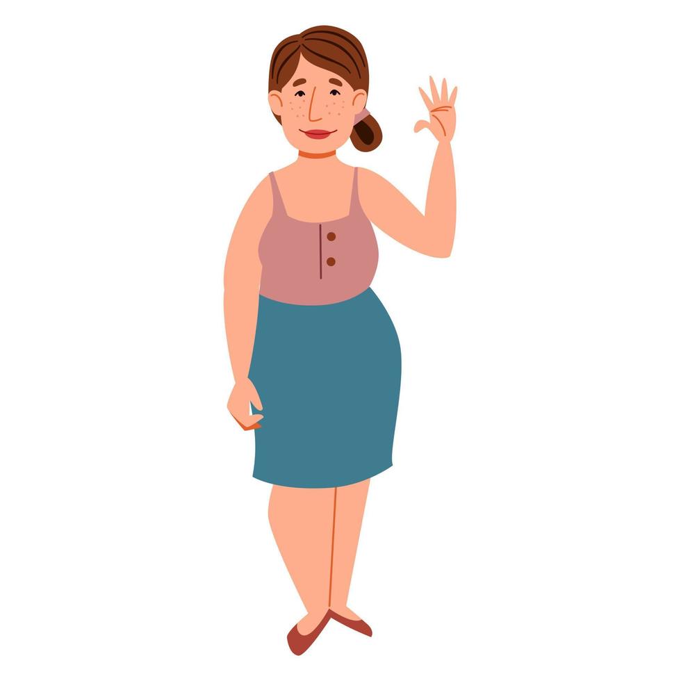 A fashionable plump girl in casual clothes greets. Friendly greeting of a young woman. vector