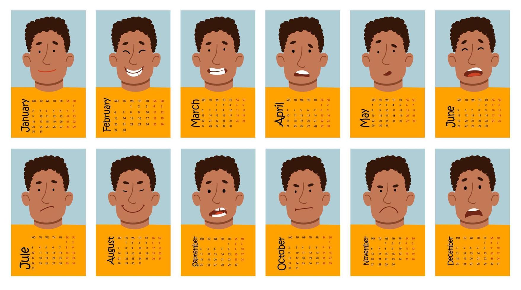 calendario para 2023 con emociones divertidas de un personaje afroamericano masculino. ilustración vectorial de un diseño plano. vector