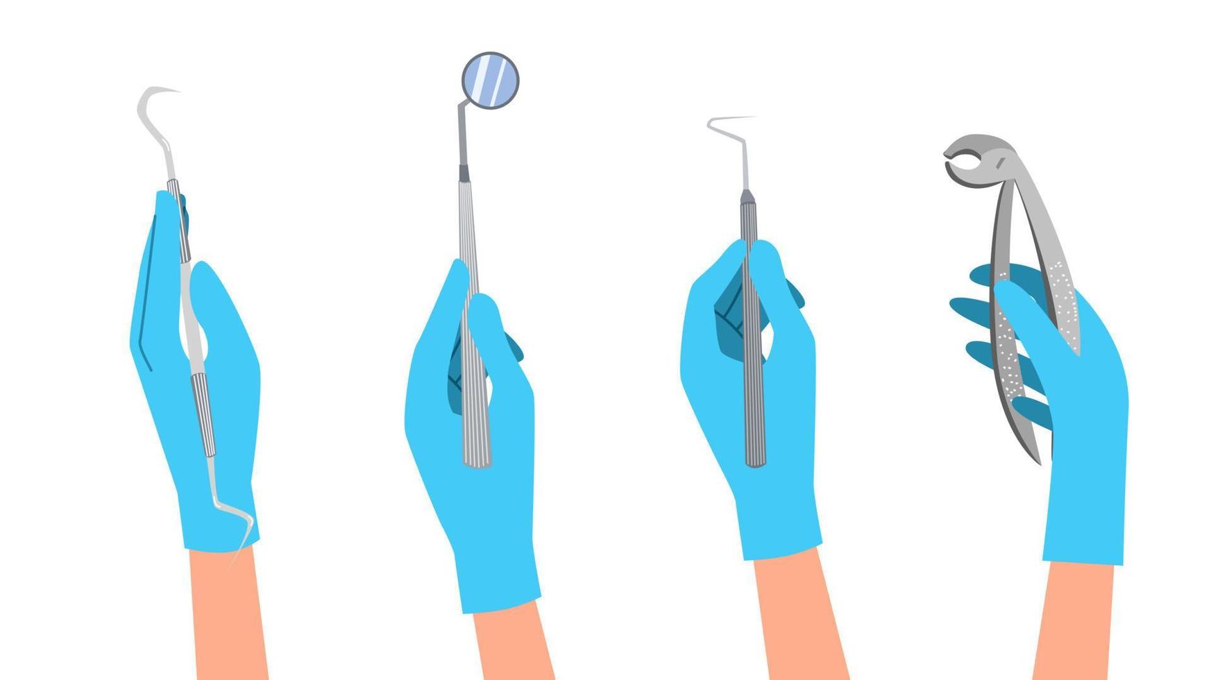 A set of dental instruments in the hands of a doctor in a blue glove. vector