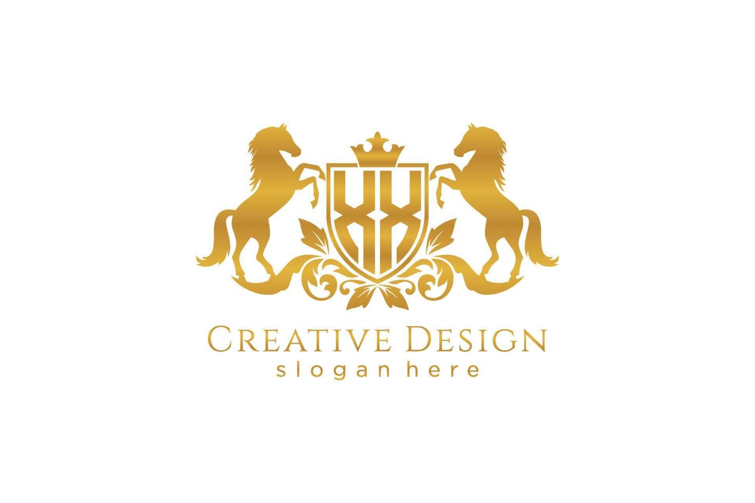 initial XX Retro golden crest with shield and two horses, badge template with scrolls and royal crown - perfect for luxurious branding projects vector