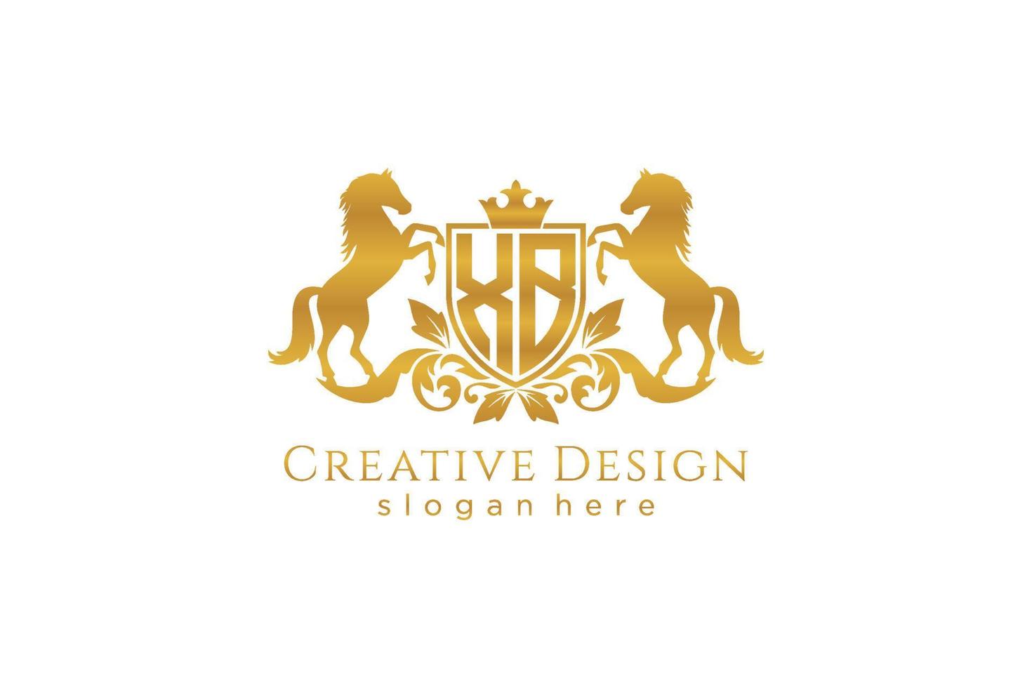 initial XB Retro golden crest with shield and two horses, badge template with scrolls and royal crown - perfect for luxurious branding projects vector