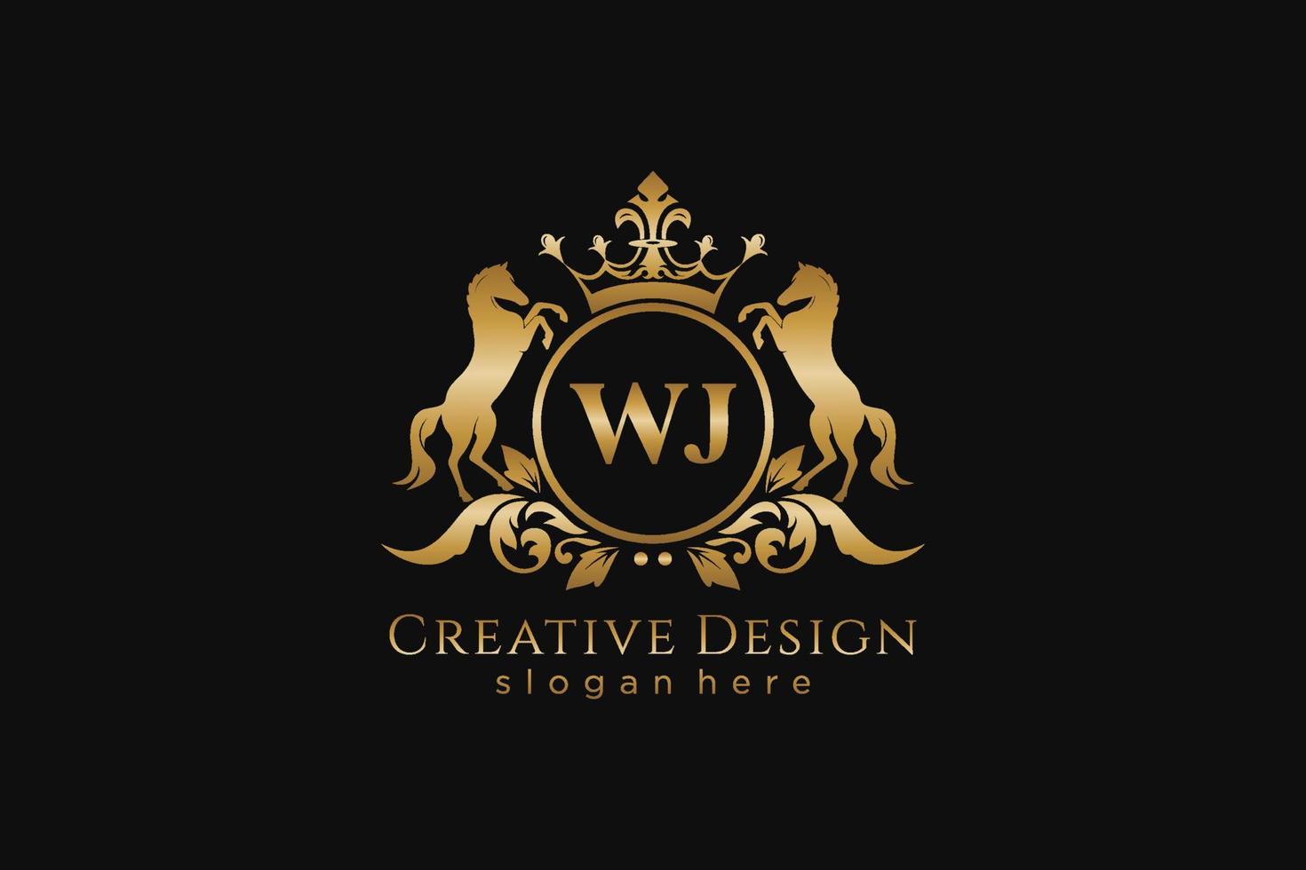 initial WJ Retro golden crest with circle and two horses, badge template with scrolls and royal crown - perfect for luxurious branding projects vector