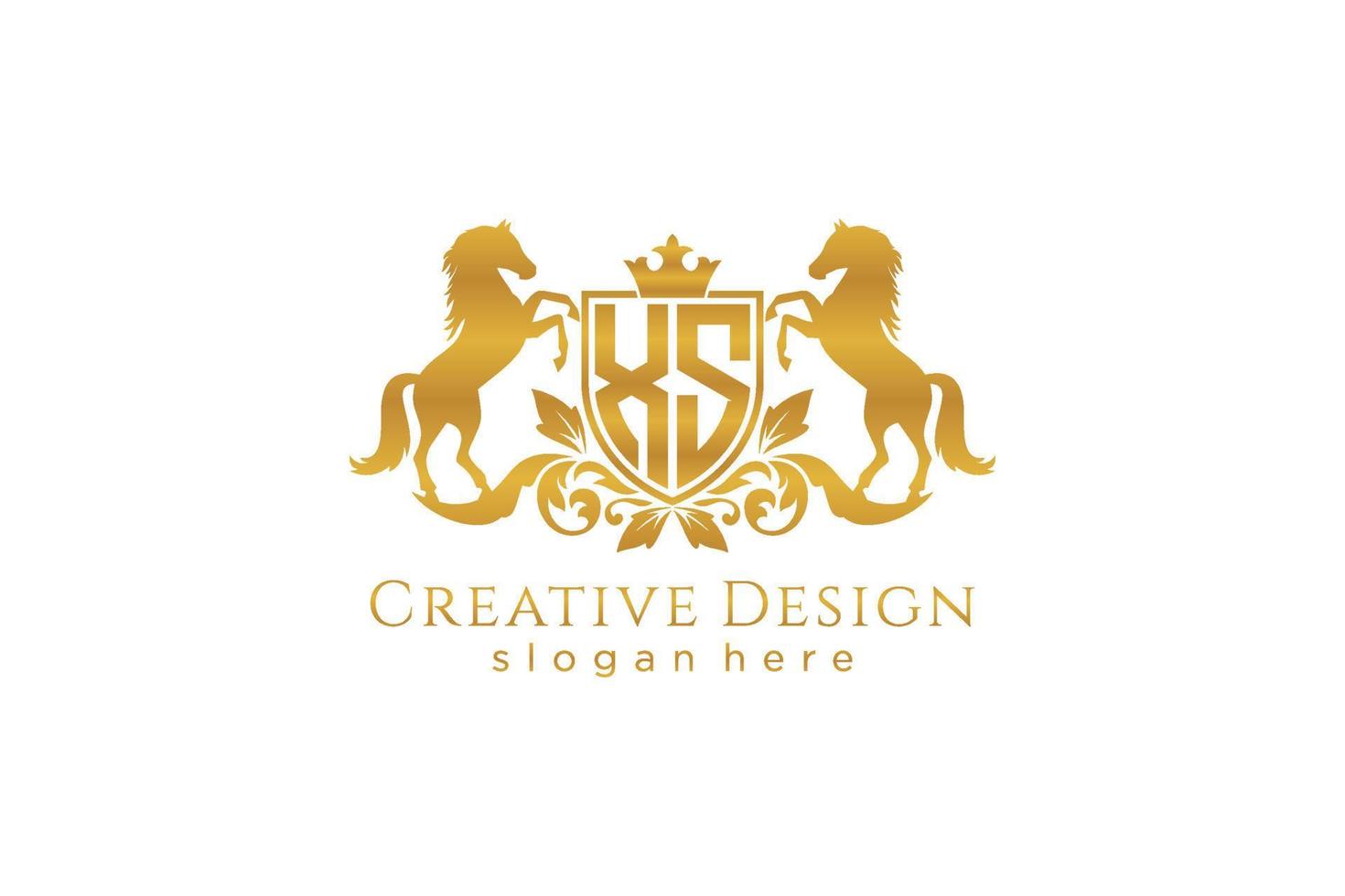 initial XS Retro golden crest with shield and two horses, badge template with scrolls and royal crown - perfect for luxurious branding projects vector