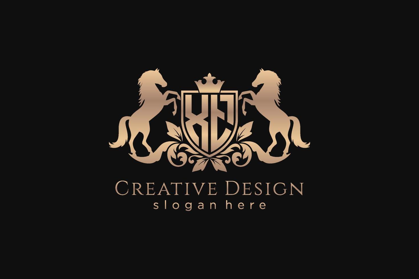 initial XT Retro golden crest with shield and two horses, badge template with scrolls and royal crown - perfect for luxurious branding projects vector