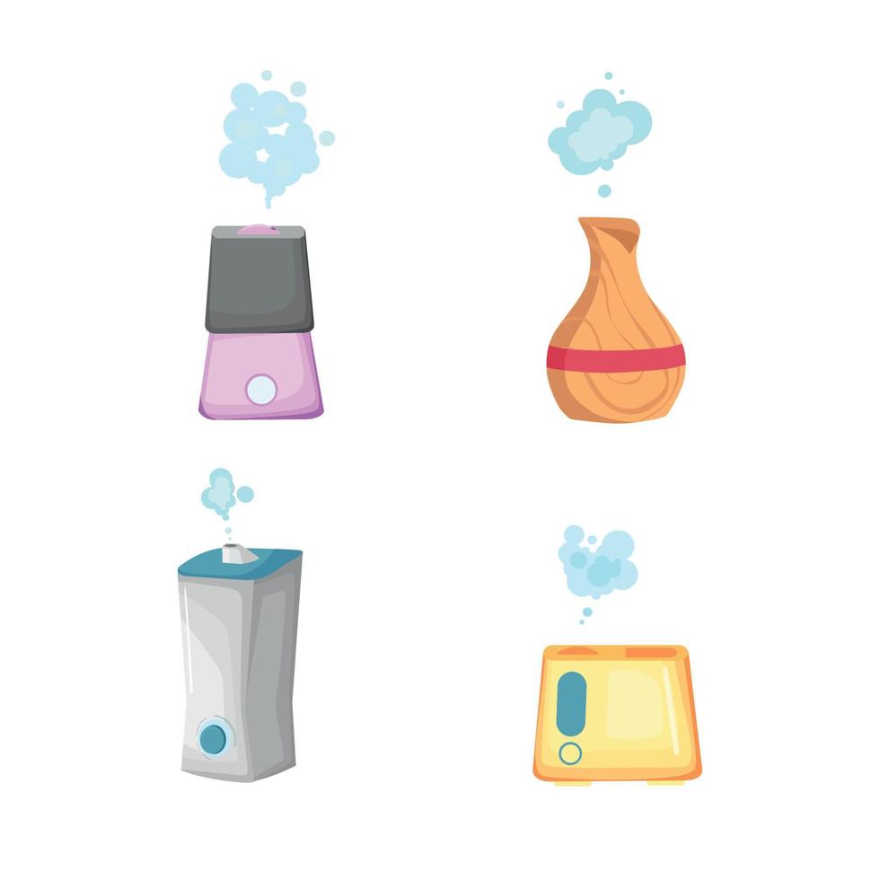A collection of humidifiers. An ecological system for humidifying dry air in the house and any other room. Vector cartoon illustration.