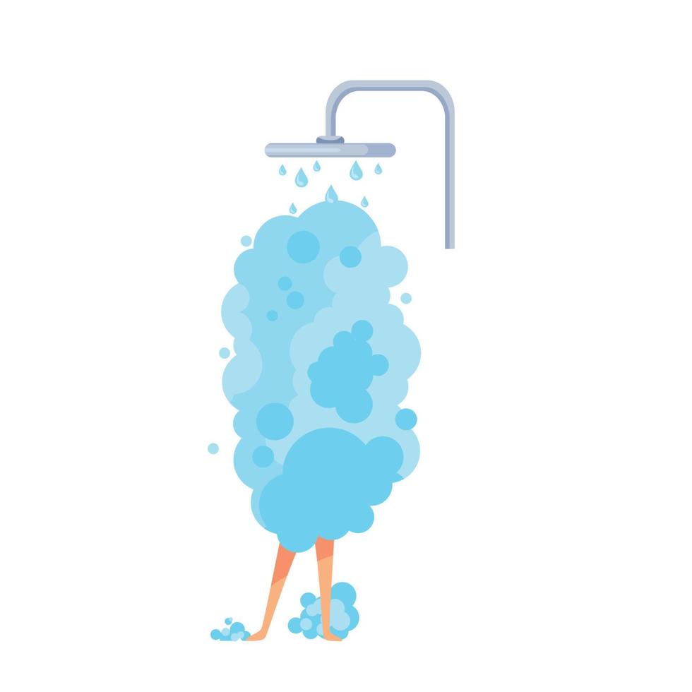 The girl is taking a shower with a lot of foam. Vector cartoon illustration. Morning routine concept.