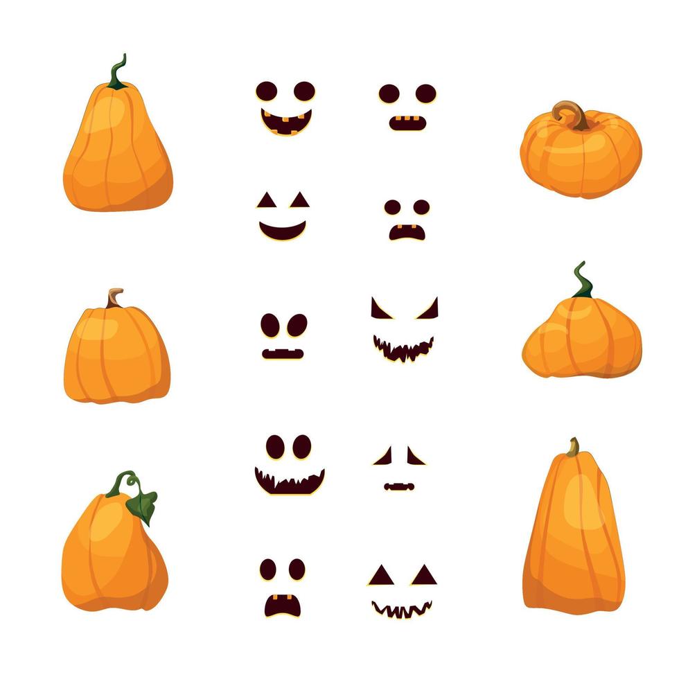 un conjunto de calabazas naranjas con emociones para halloween. ilustración vectorial en estilo de dibujos animados. vector