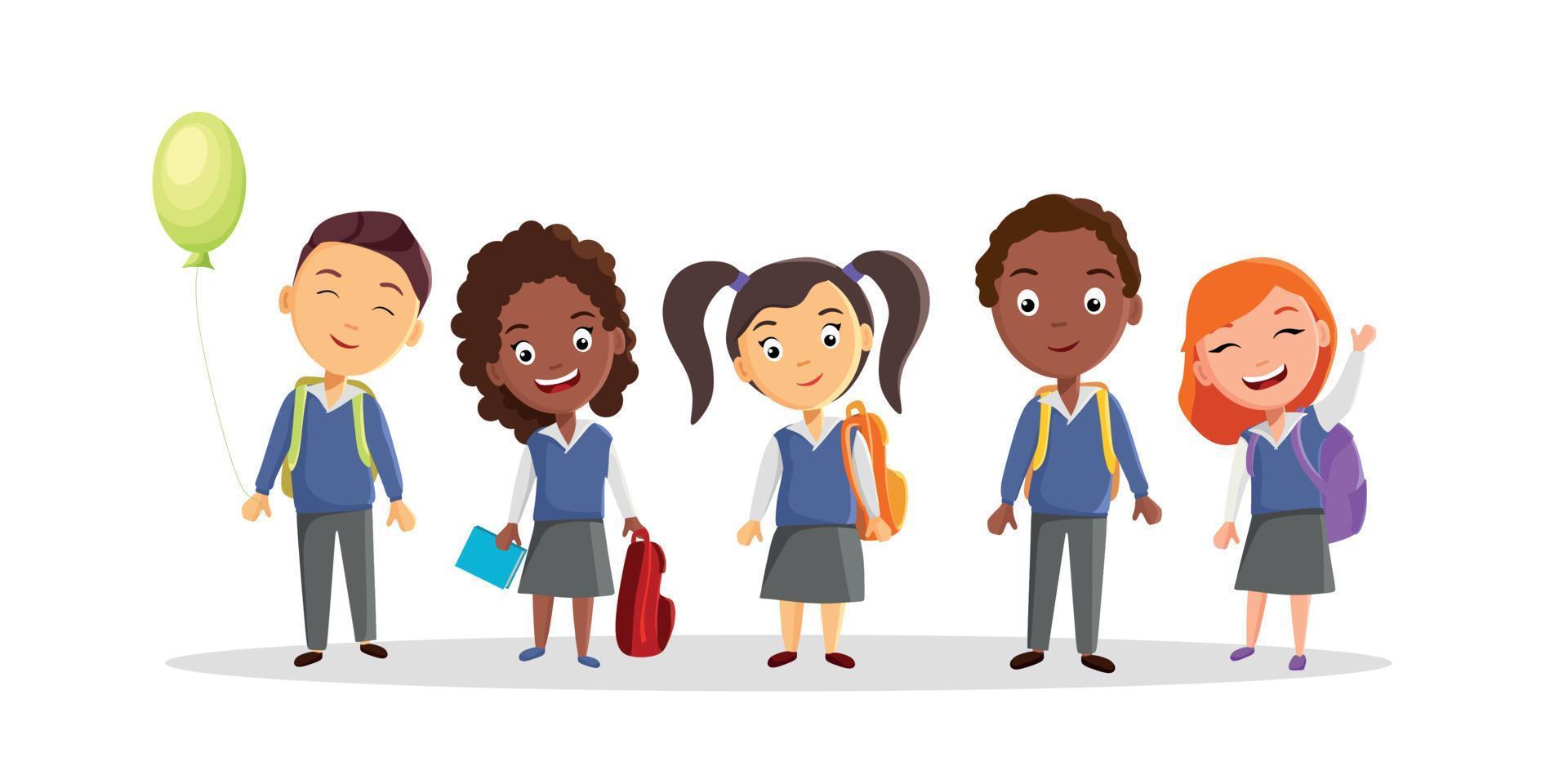 A group of teenagers in school uniforms of different nationalities is going to school. A new academic year. Vector illustration in cartoon style.