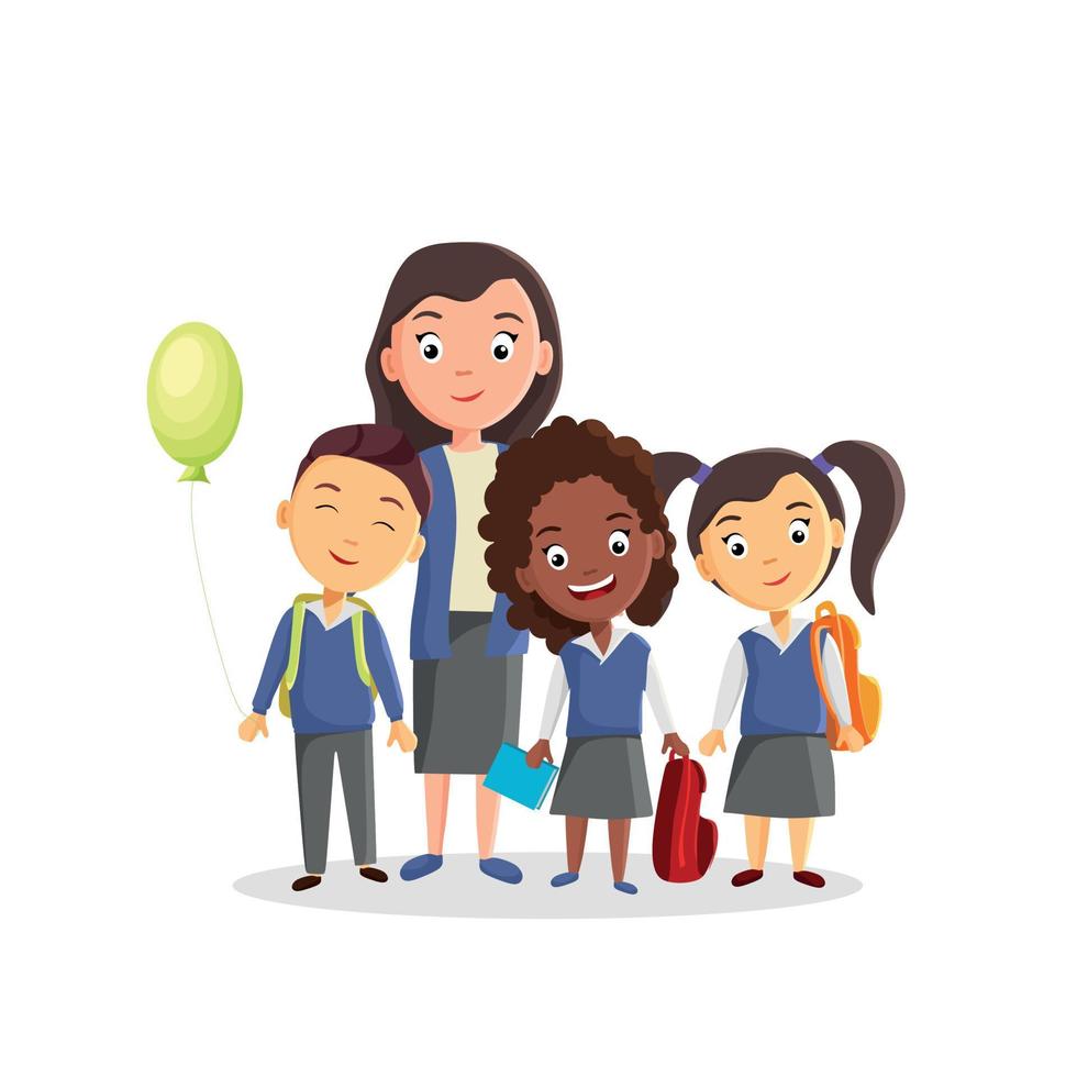 Students are standing next to the teacher. Multinational class. Vector illustration