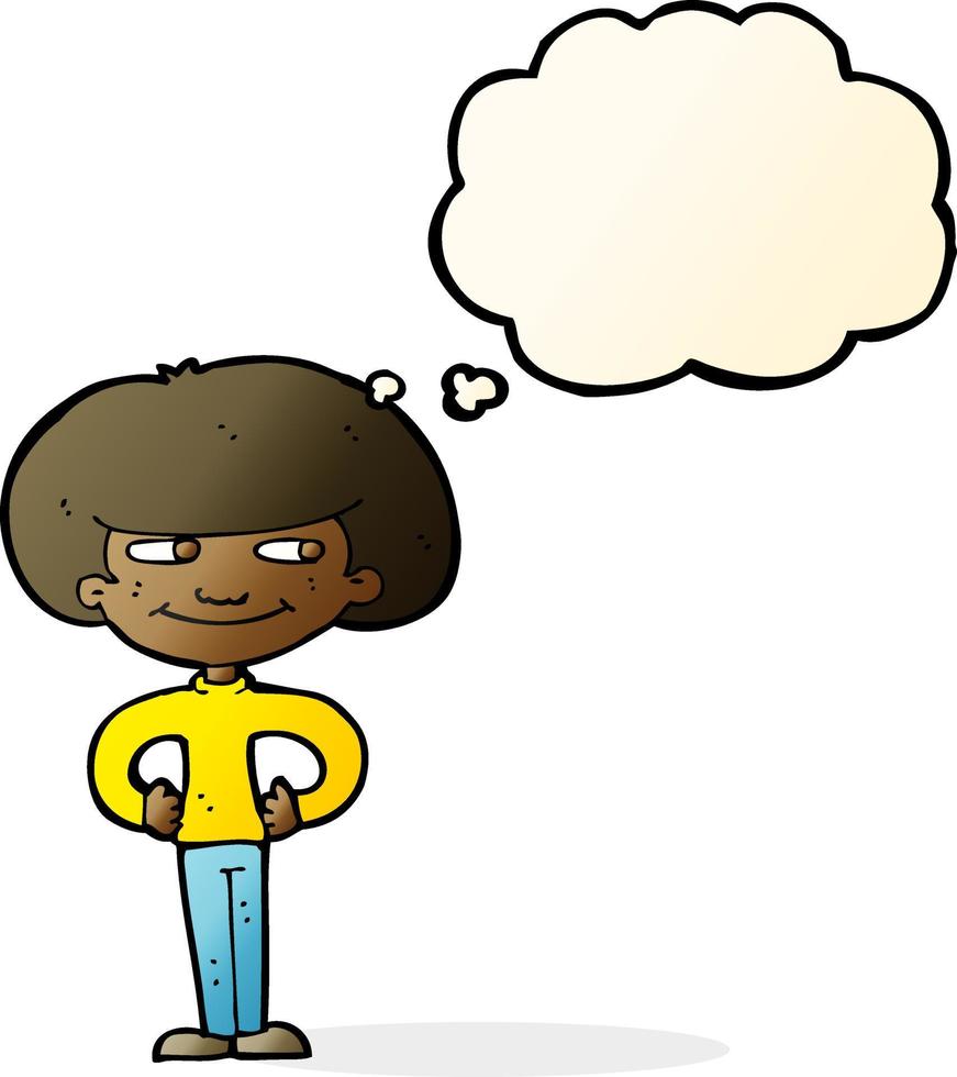 cartoon boy with hands on hips with thought bubble vector