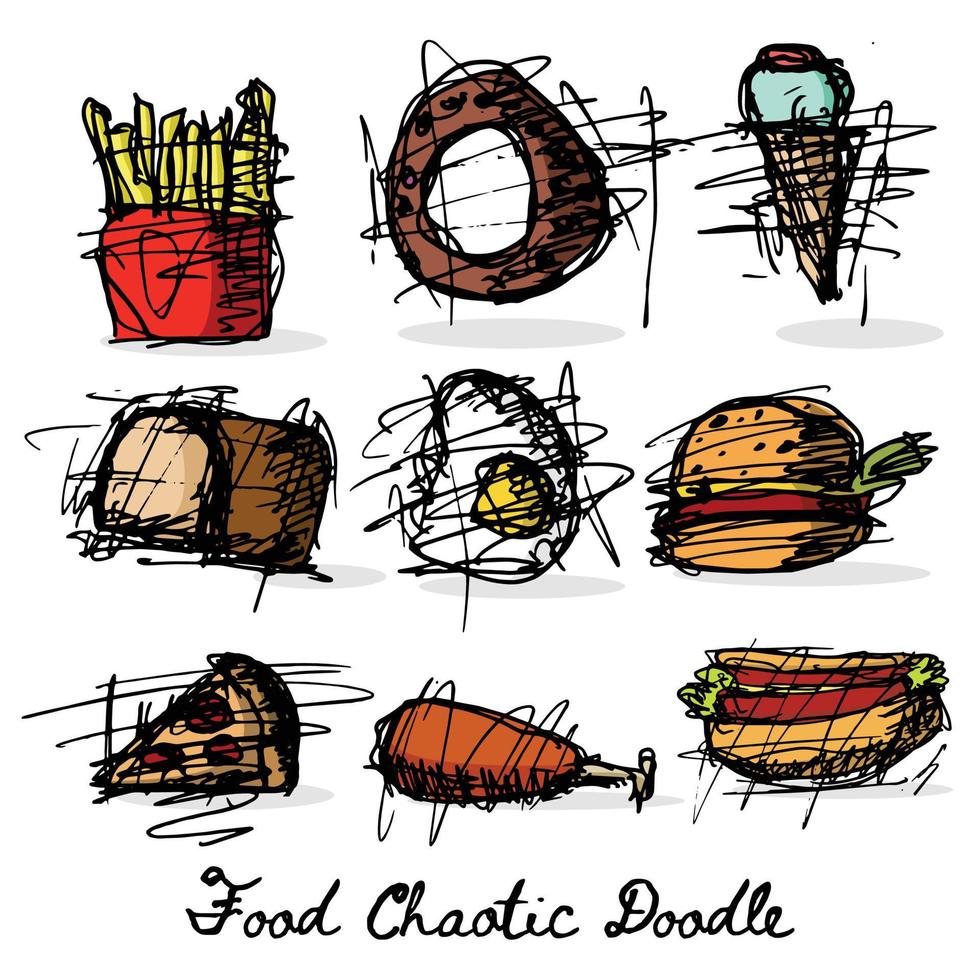 Food Set Multicolor Chaotic Line Doodles vector