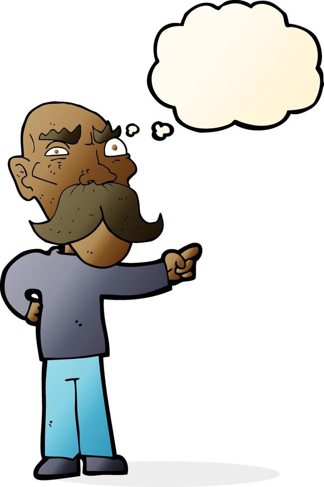 cartoon annoyed old man pointing with thought bubble vector