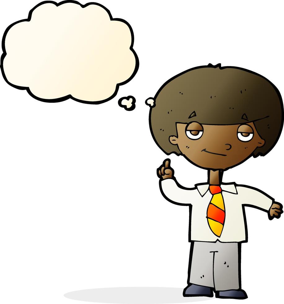 cartoon school boy answering question with thought bubble vector
