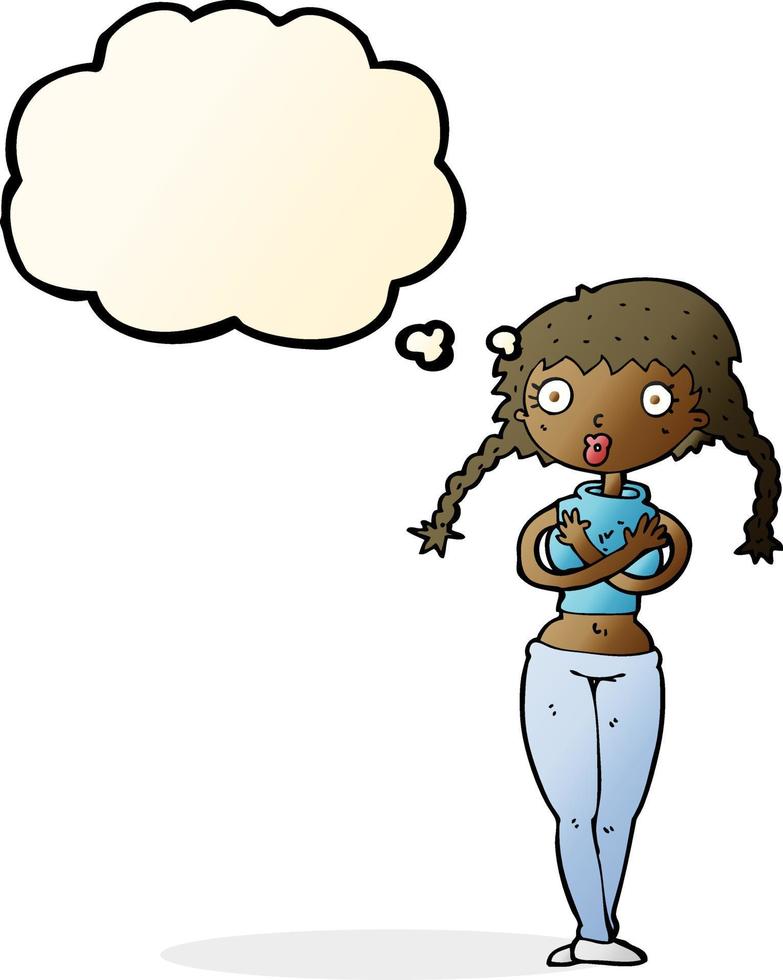 cartoon offended woman covering herself with thought bubble vector