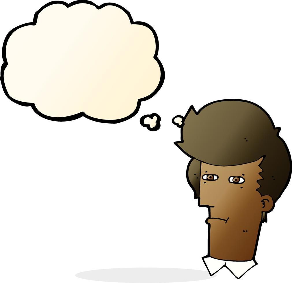 cartoon man narrowing eyes with thought bubble vector