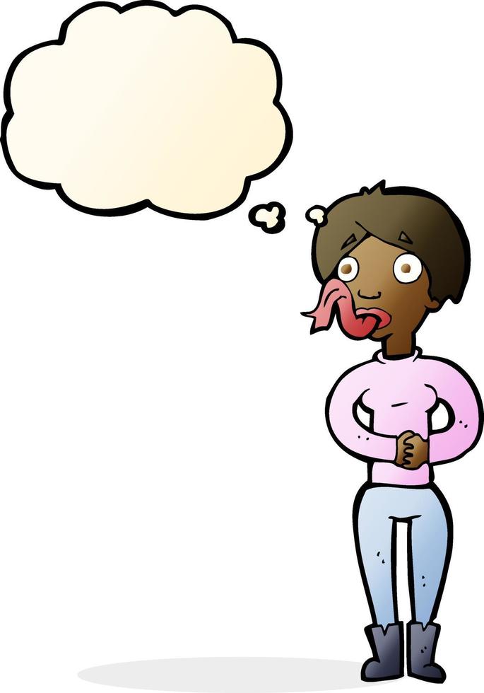 caricatura, mujer, con, serpiente, lengua, con, burbuja del pensamiento vector