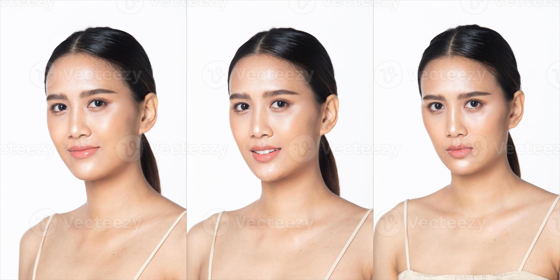 Face Shot Beauty skin 20s Asian Woman has beautiful eyes lips and clean clear smooth skin . Black long straight hair female feel happy smile fashion vintage poses over white background isolated photo