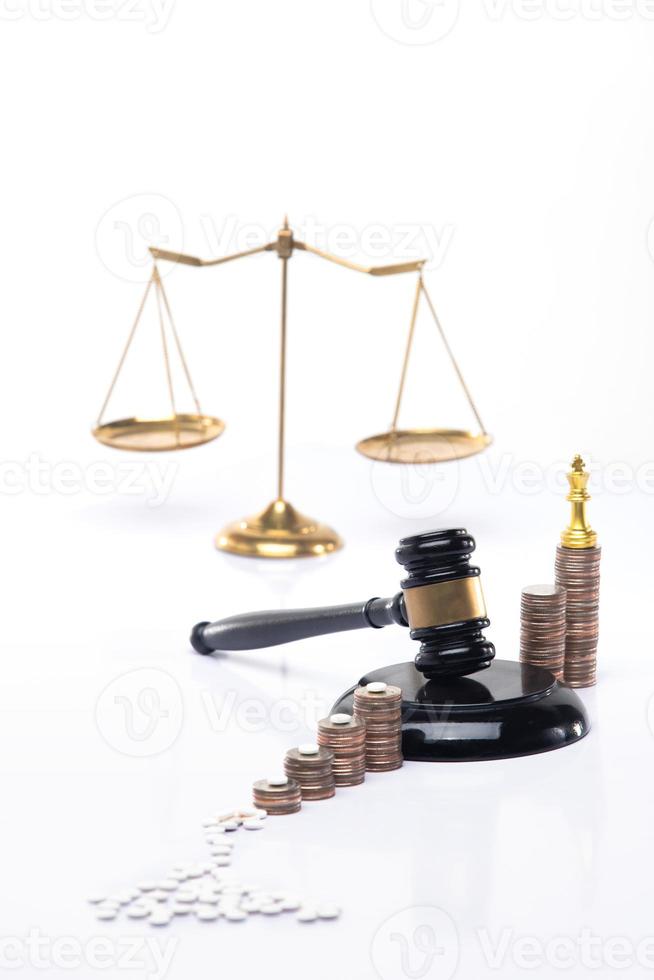 Investigate investment finance management to stop problem of drug money laundering with authority legal justice system. Stack money coin grow and gavel stop with strategy, white background copy space photo