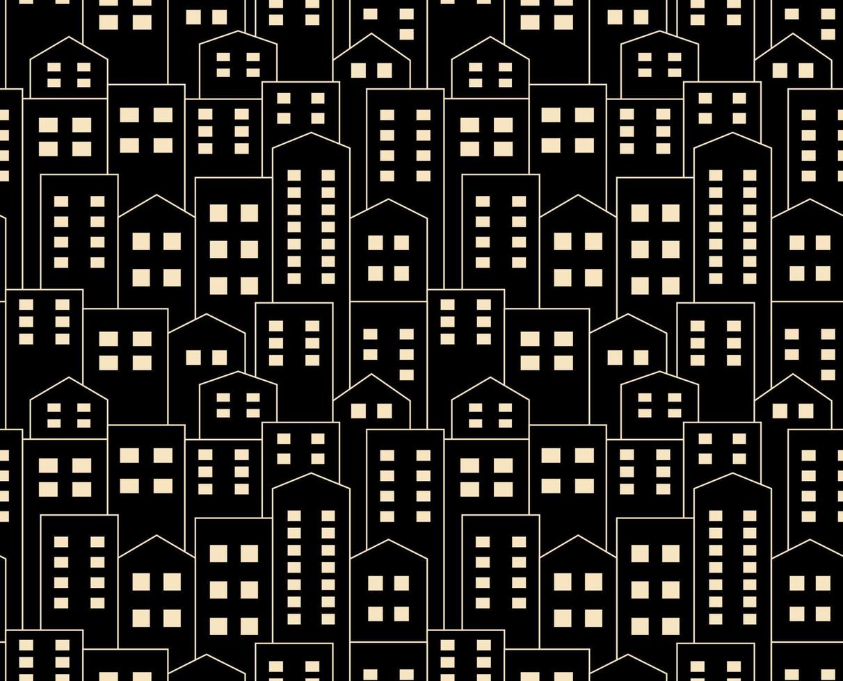 Night city silhouette seamless pattern. Beige monochrome vector illustration in flat style on a black background