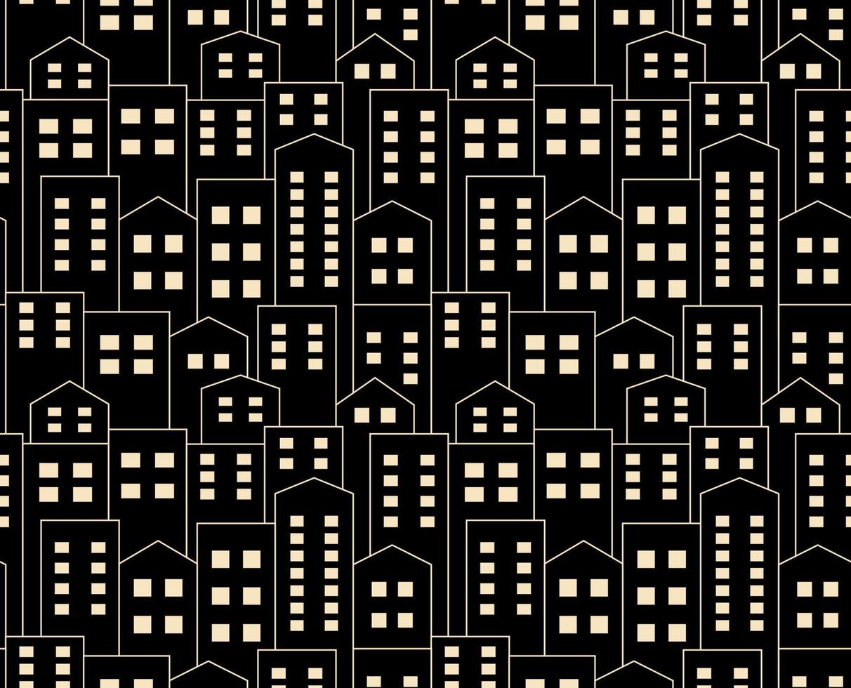 patrón sin costuras de silueta de ciudad nocturna. ilustración de vector monocromo beige en estilo plano sobre un fondo negro