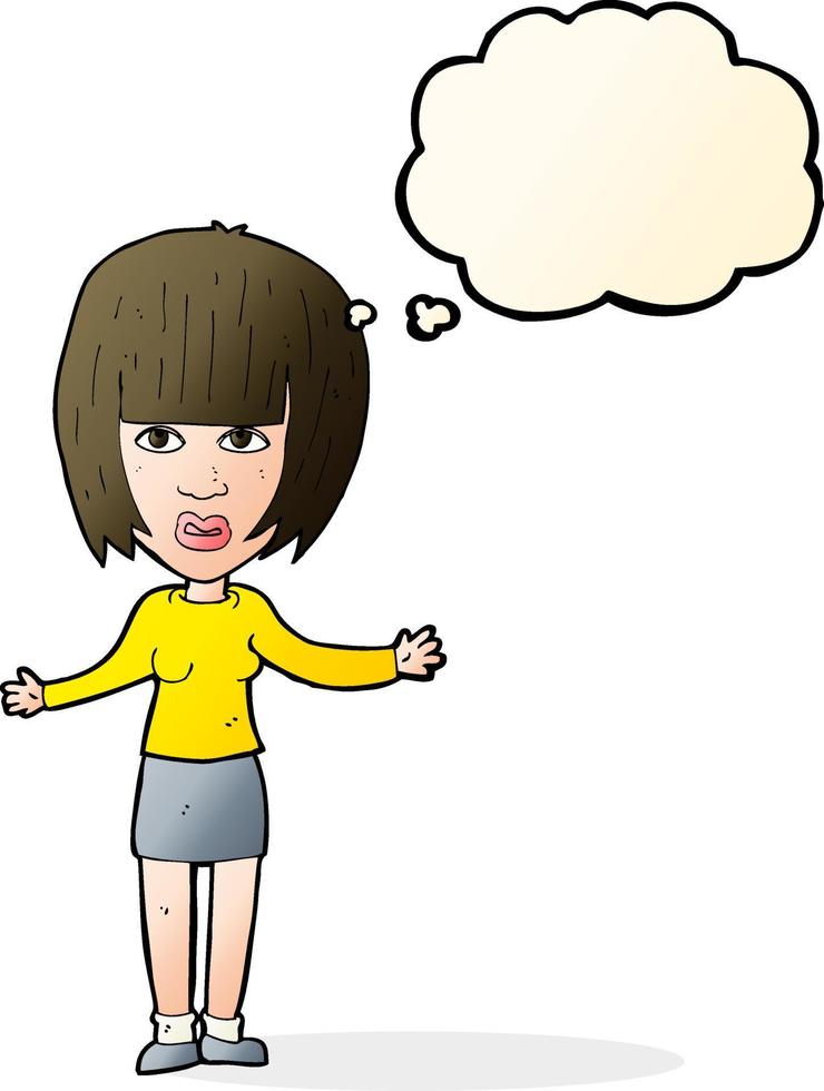 cartoon woman shrugging shoulders with thought bubble vector