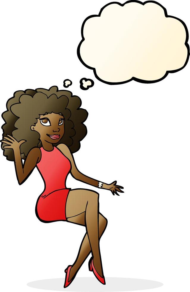 cartoon sitting woman waving with thought bubble vector