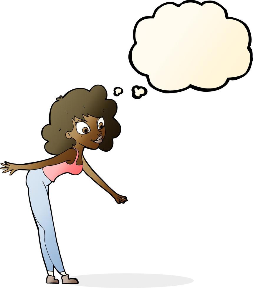 cartoon woman reaching to pick something up with thought bubble vector
