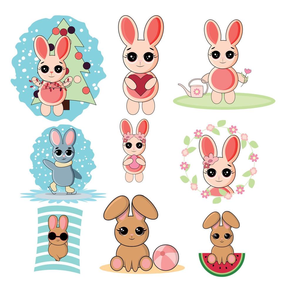 vector illustration set character design of cute rabbit.Doodle style