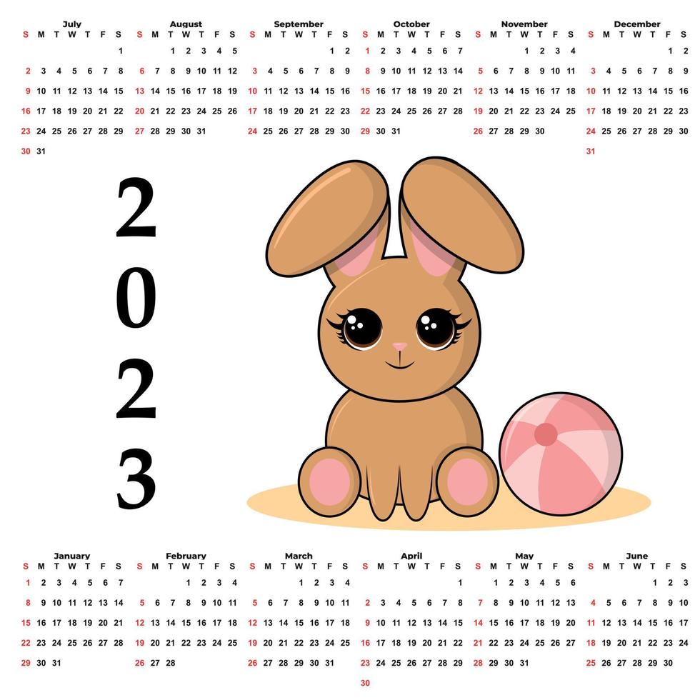 Calendar 2023 with rabbit, planner organizer. vector