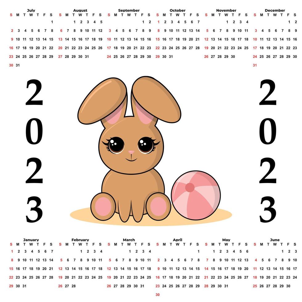 Calendar 2023 with rabbit, planner organizer. vector