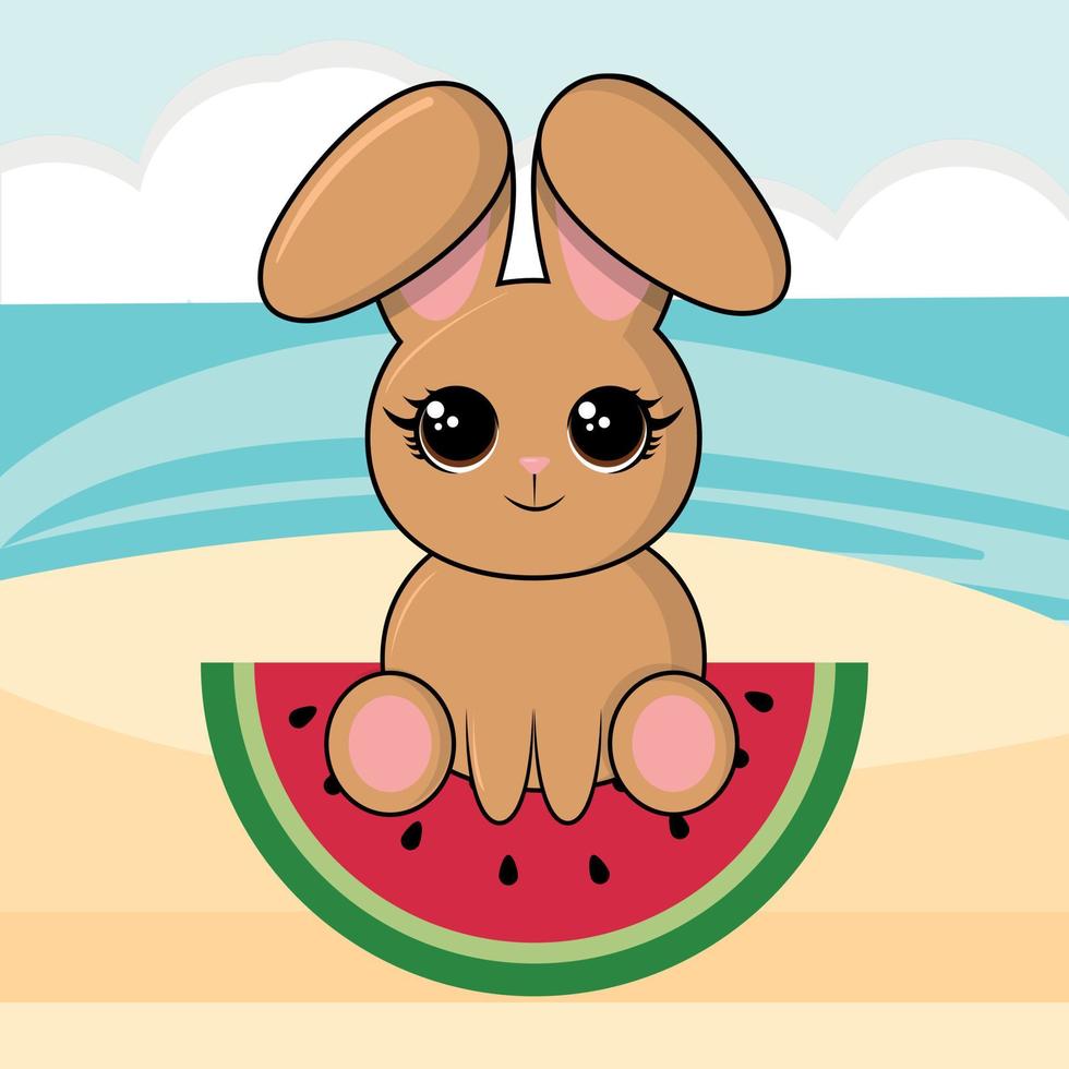 Cute bunny eating fresh watermelon cartoon illustration vector