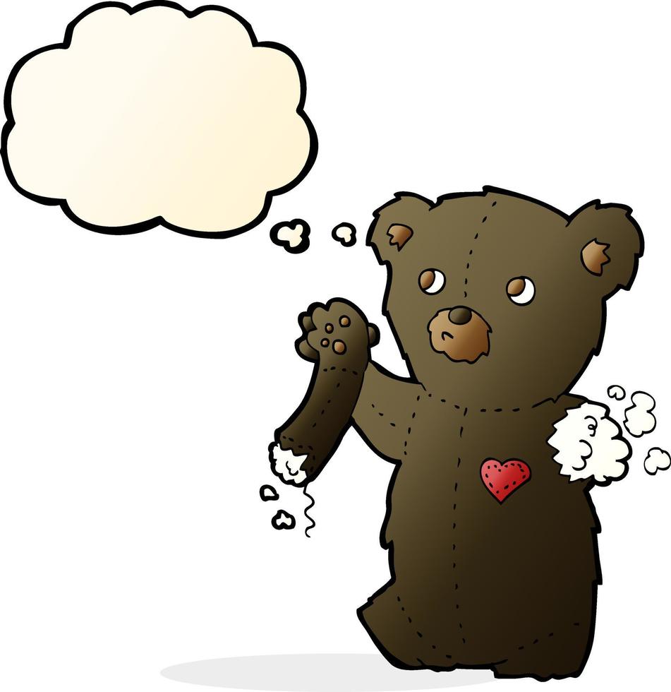 cartoon teddy black bear with torn arm with thought bubble vector