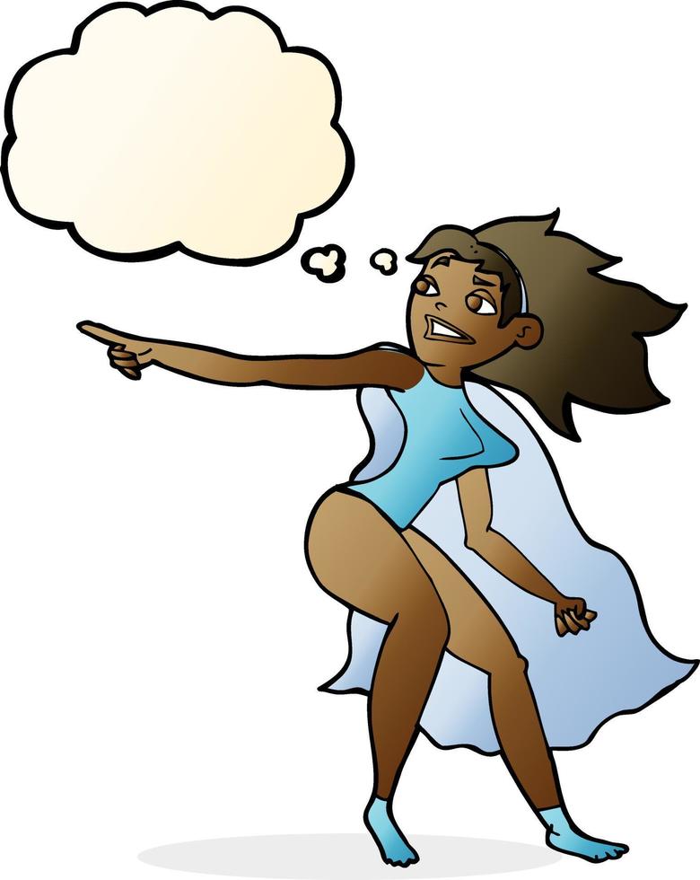 cartoon superhero woman pointing with thought bubble vector