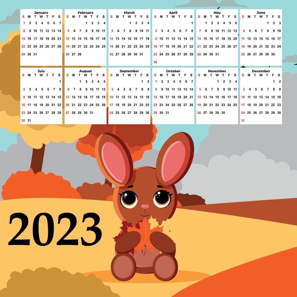 Calendar 2023 with cute rabbit vector