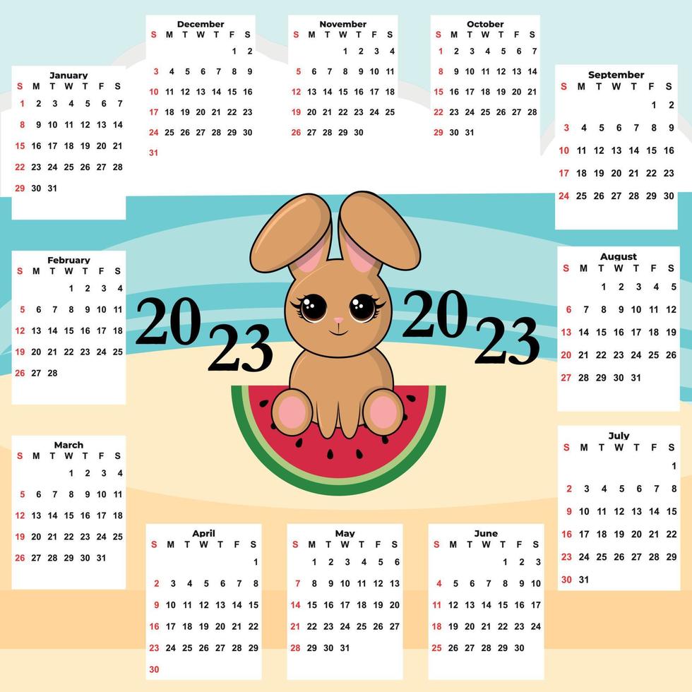 Calendar 2023 with cute rabbit vector