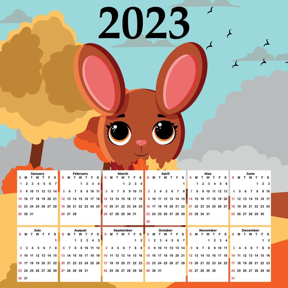 calendario 2023 con lindo conejo. Calendario de páginas verticales de 12  meses símbolo de mascota de personaje de liebre año. lindo conejito 2023 al  calendario chino. ilustración vectorial 8568191 Vector en Vecteezy